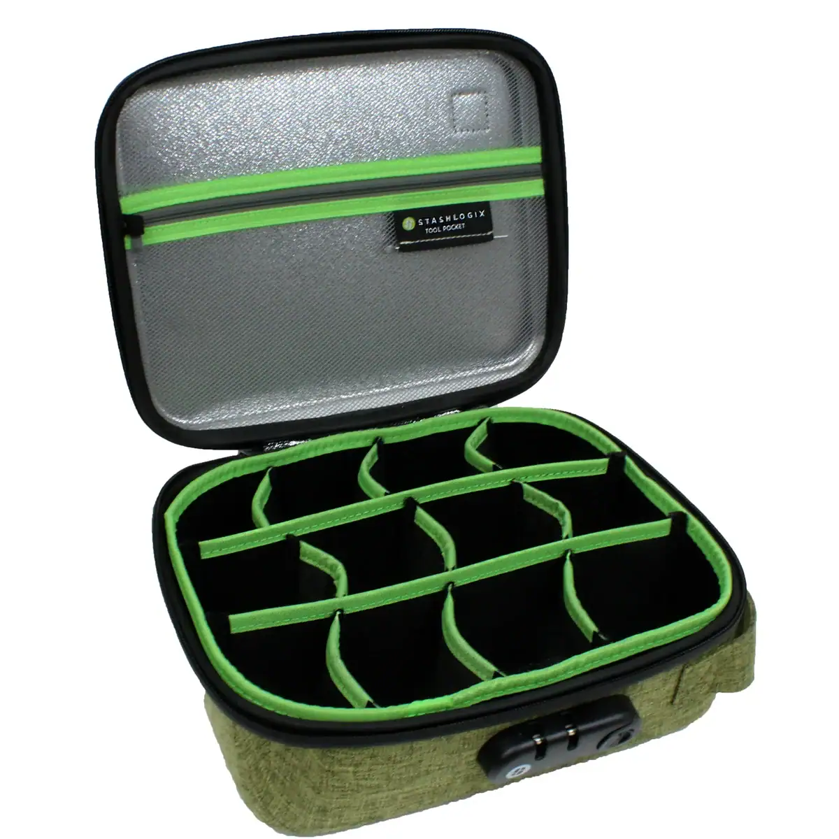 Stashlogix Silverton smell proof stash bag with combination lock and customizable green interior compartments