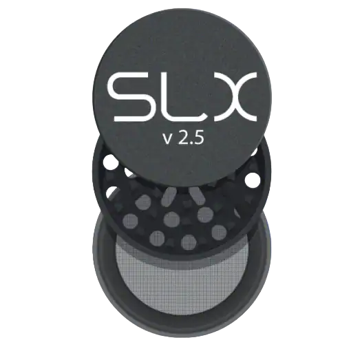SLX V2.5 non-stick ceramic coated herb grinder in black, disassembled to show chambers