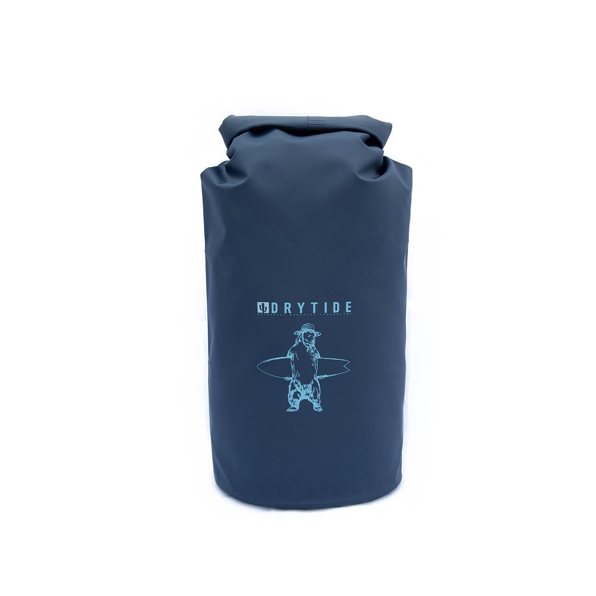 a blue waterproof bag with a picture of a bear holding a surfboard