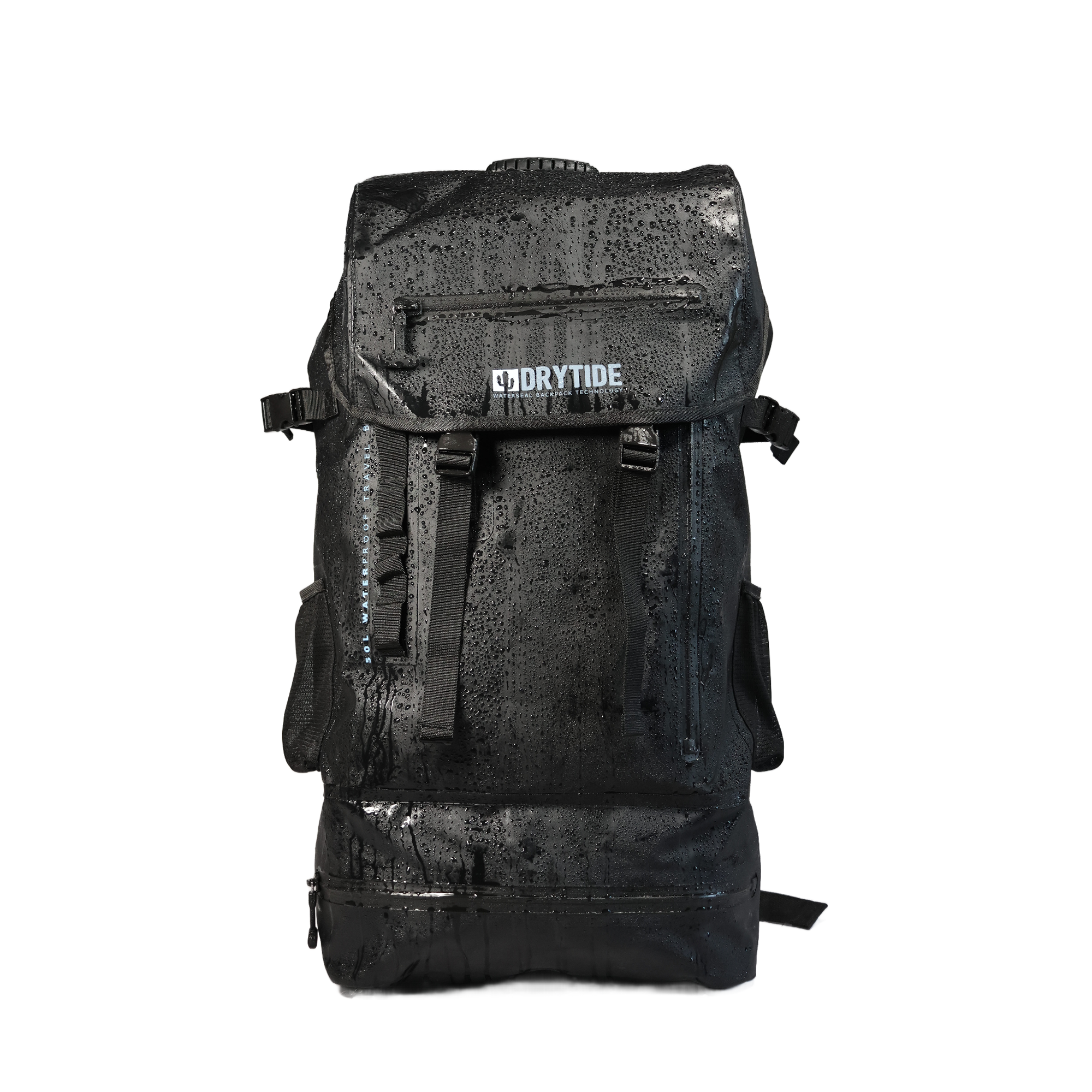 DryTide waterproof backpack with rain droplets, black color, outdoor gear.