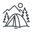 camping icon Outdoor camping tent with mountains and trees icon.