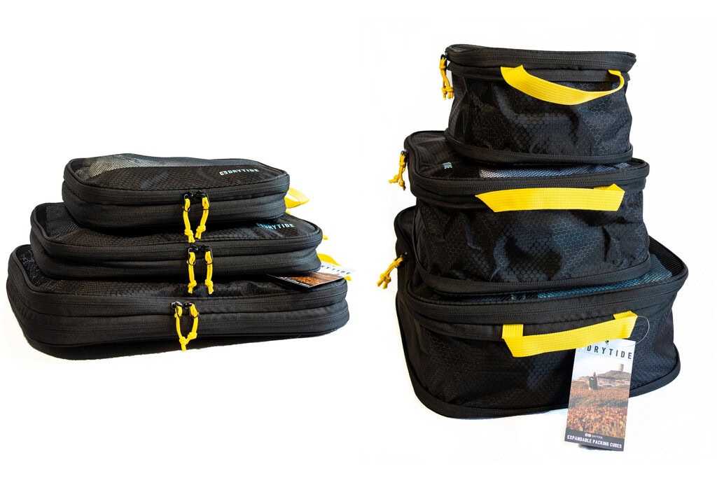 DryTide Extendable Packing Cubes Set compressed and expanded DryTide packing cubes