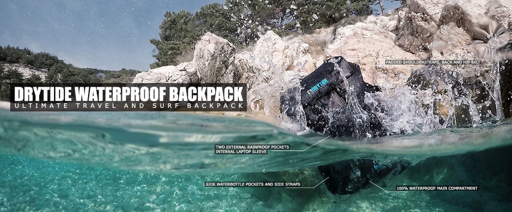 How to Choose the Best Waterproof Motorcycle Backpack 8 falling backpack banner ad with features