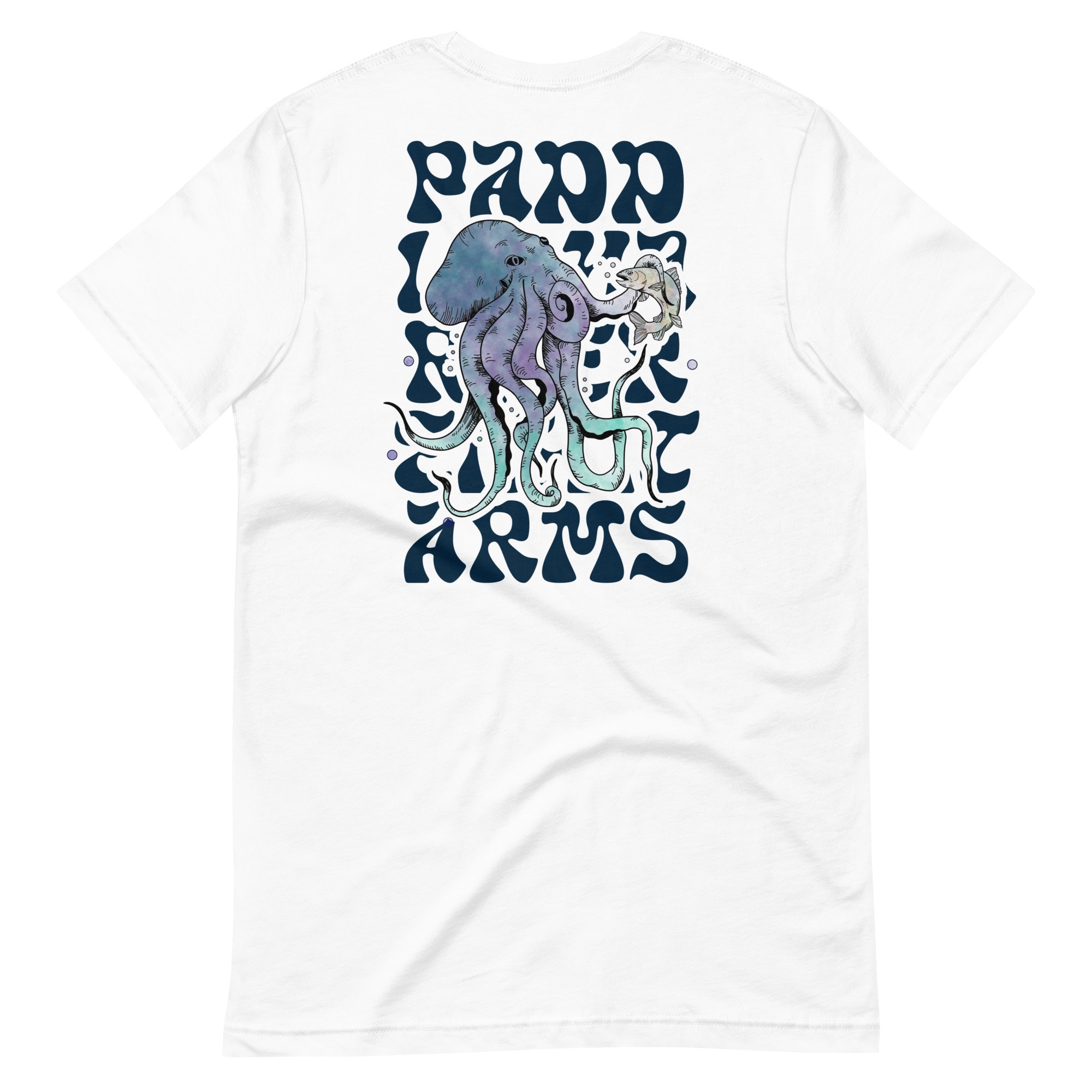 Drytide Kraken Tee T-Shirt White T-shirt featuring a colorful Kraken illustration with "Papo Arts" text.