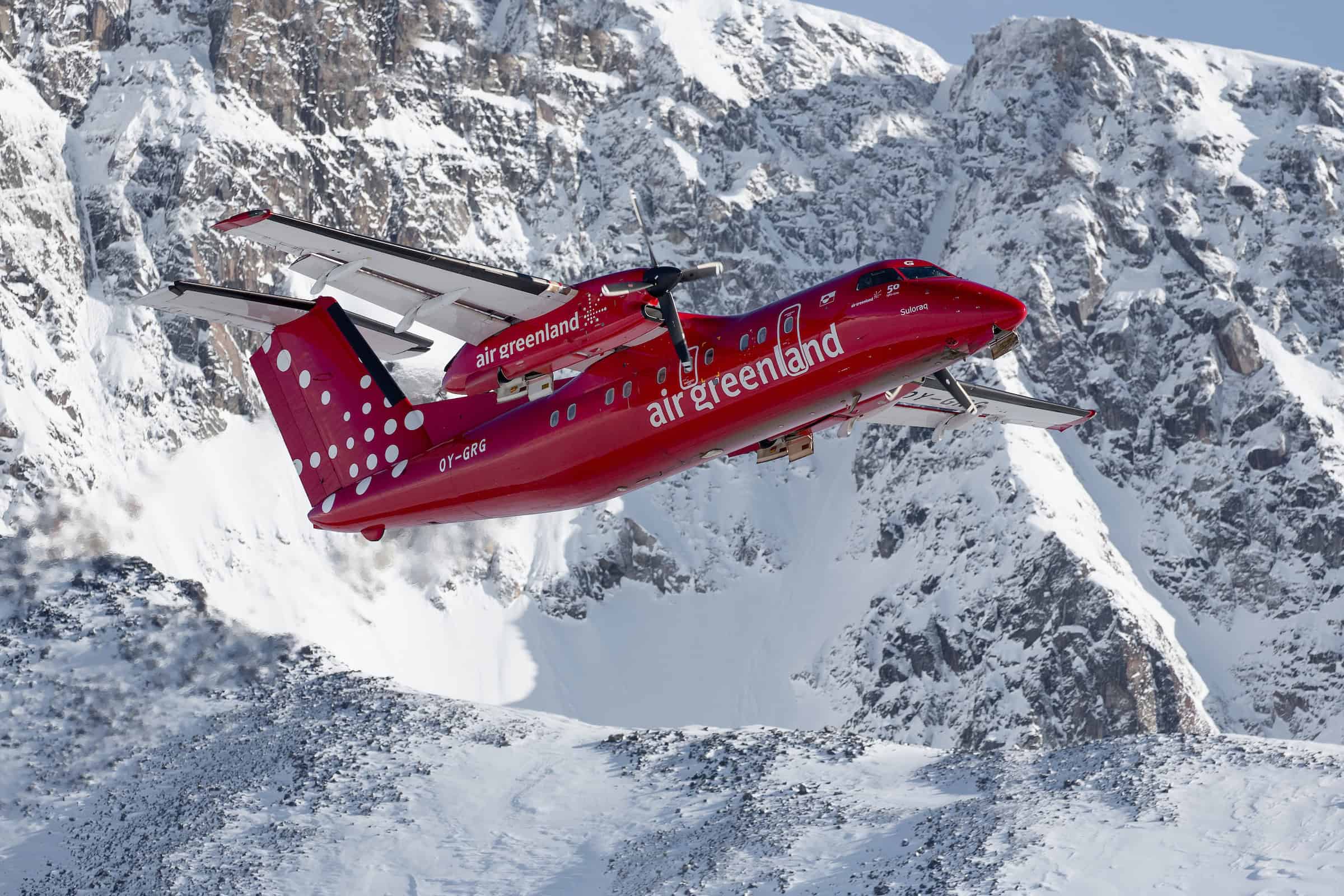An Air Greenland Dash-8 taking off from Kulusuk in East Greenland.