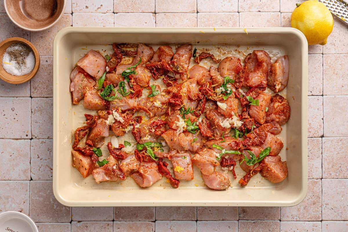 All the side ingredients added on baking sheet.