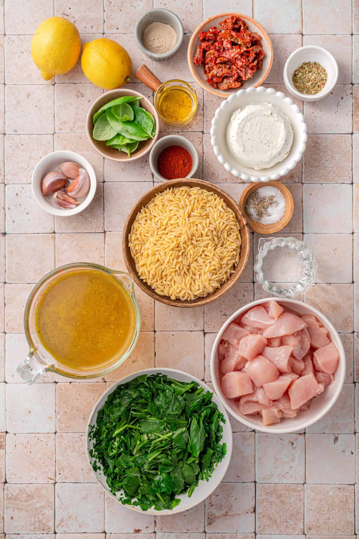 Overhead shot of all the ingredients needed to make my chicken lemon orzo.