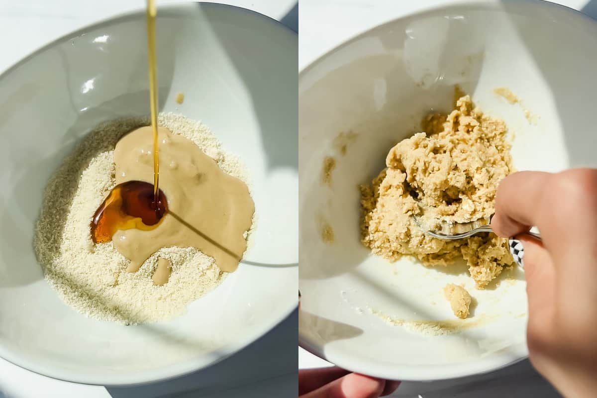 This is a photo of the bowl with the almond flour peanut butter and maple syrup which is then stirred into a paste. 