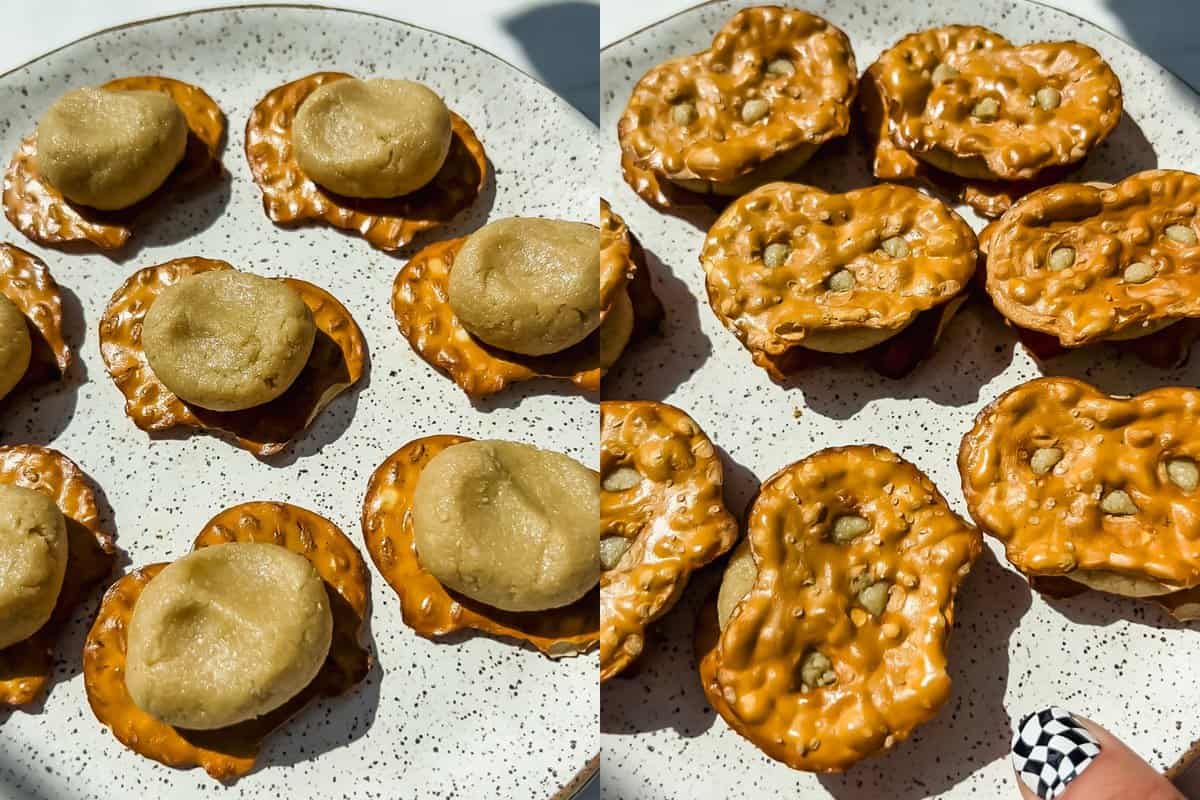 this is the paste being rolled into the ball and then pretzels sandwiching the filling to create the dairy-free peanut butter pretzels
