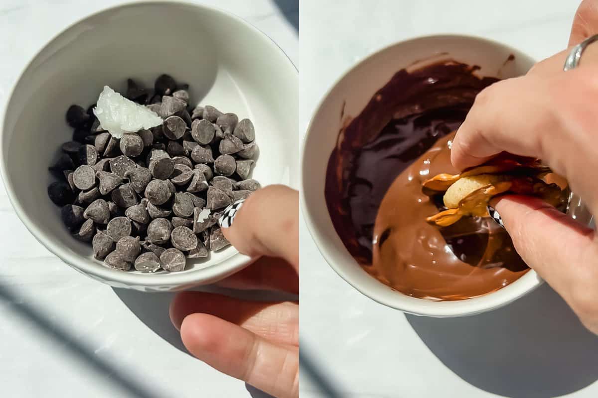 this is the sandwich being dipped into the melted chocolate. 