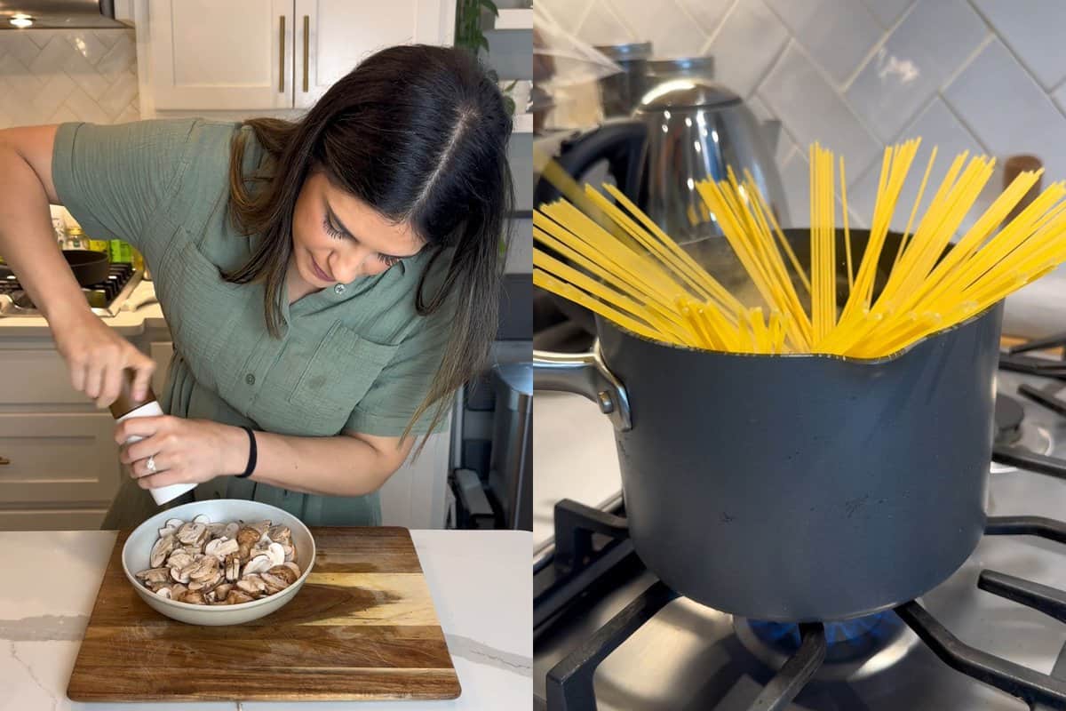This is step 1 and 2 of the pasta dish. The left portion of the picture is me seasoning the sliced mushrooms and the right portion of the picture is the spaghetti cooking in the pot. 