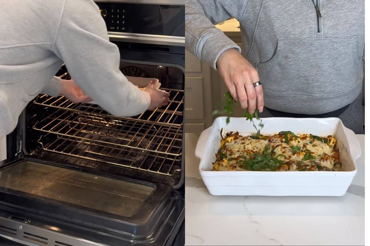 step 6 shows me putting the casserole into the oven and then adding fresh basil on top afterwards before serving. 