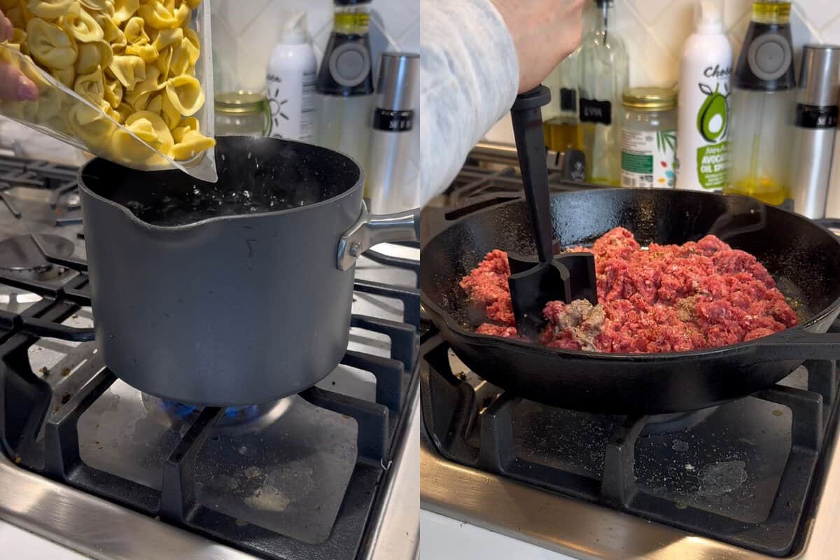 steps 1 to 3 on how to make my tortellini casserole. The left side of the image shows the tortellini going into a pot. and the right side shows meat getting mashed in large skillet with a meat masher. 