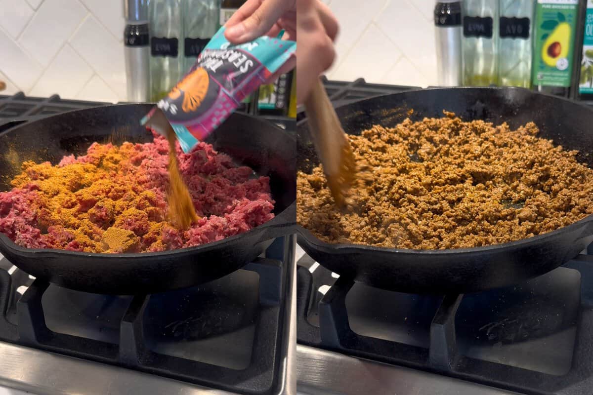 this shows me adding taco sesoning and cooking my ground beef. 