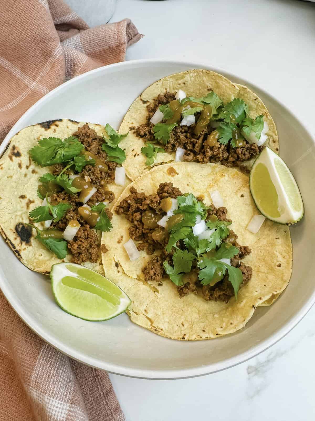 This is a side view close up of my beef street tacos. 