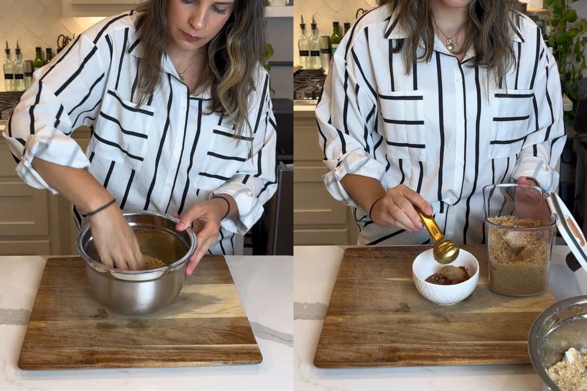 this shows me mixing my meat mixture until it is well combined and then adding brown sugar to my ketchup in a small bowl for the glaze. 