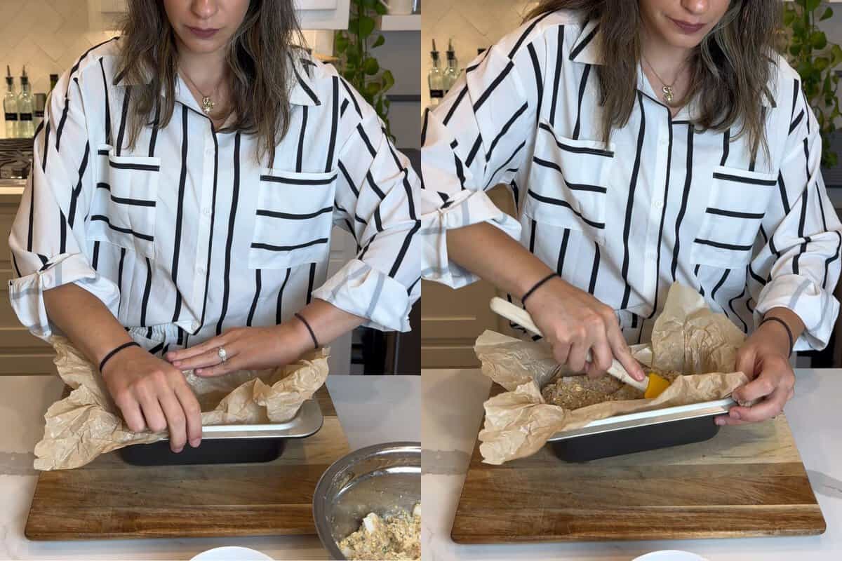 this is me adding parchment paper to a loaf pan and then adding the meat mixture into the pan and flattening it all out until it's even. 