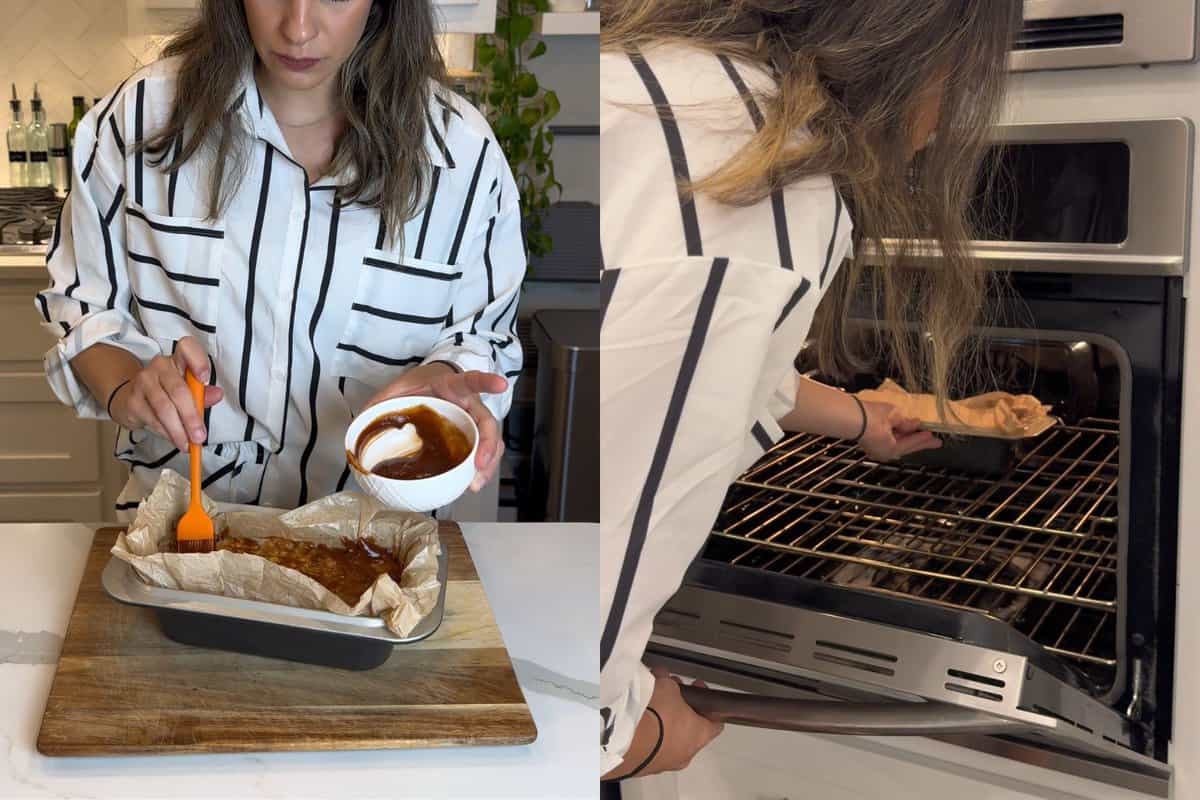 this shows me adding my ketchup and brown sugar glaze on top of the meat loaf mixture with a basting brush and then placing it in the oven to bake. 