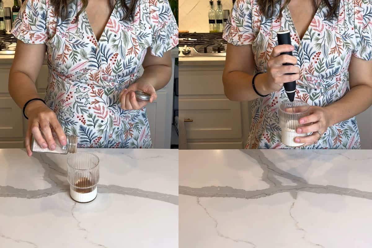 This photo shows me adding all the ingredients into a glass cup and using an electric hand mixer to froth the cold foam. 