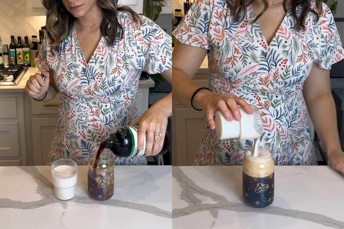 this shows me adding my cold brew to a separate glass cup with ice and then pouring the cold foam on top. 