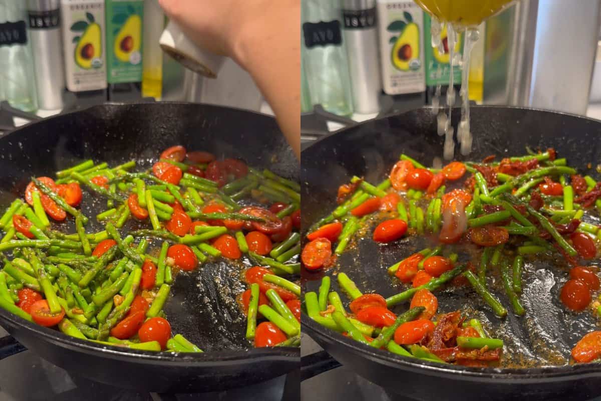 this shows me adding the tomatoes and asparagus to my skillet then seasoning with salt and pepper and then adding lemon juice and sun-dried tomatoes. 