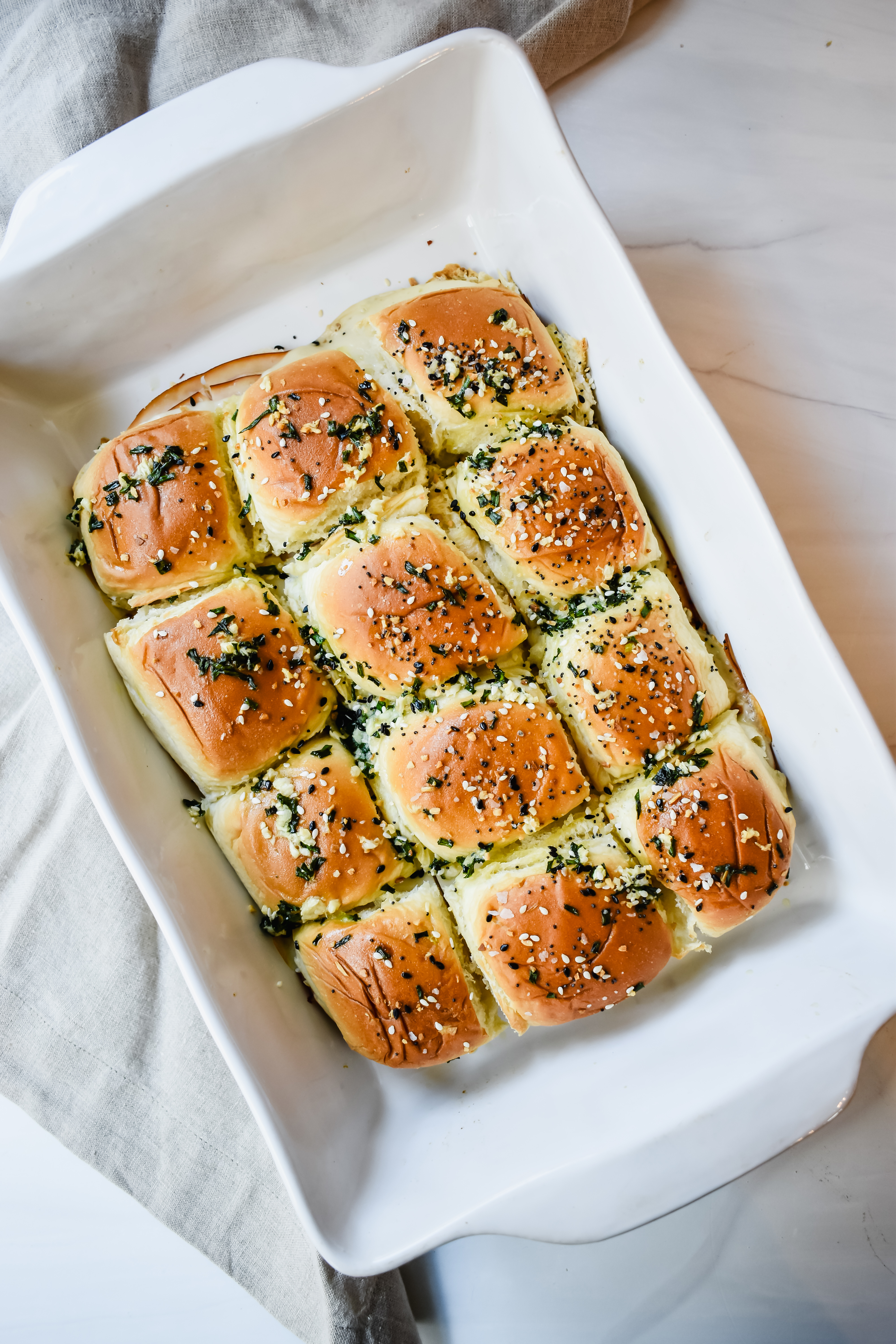 This is a top view of my Hawaiian Roll Turkey sliders in a casserole dish after they came out of the oven. 