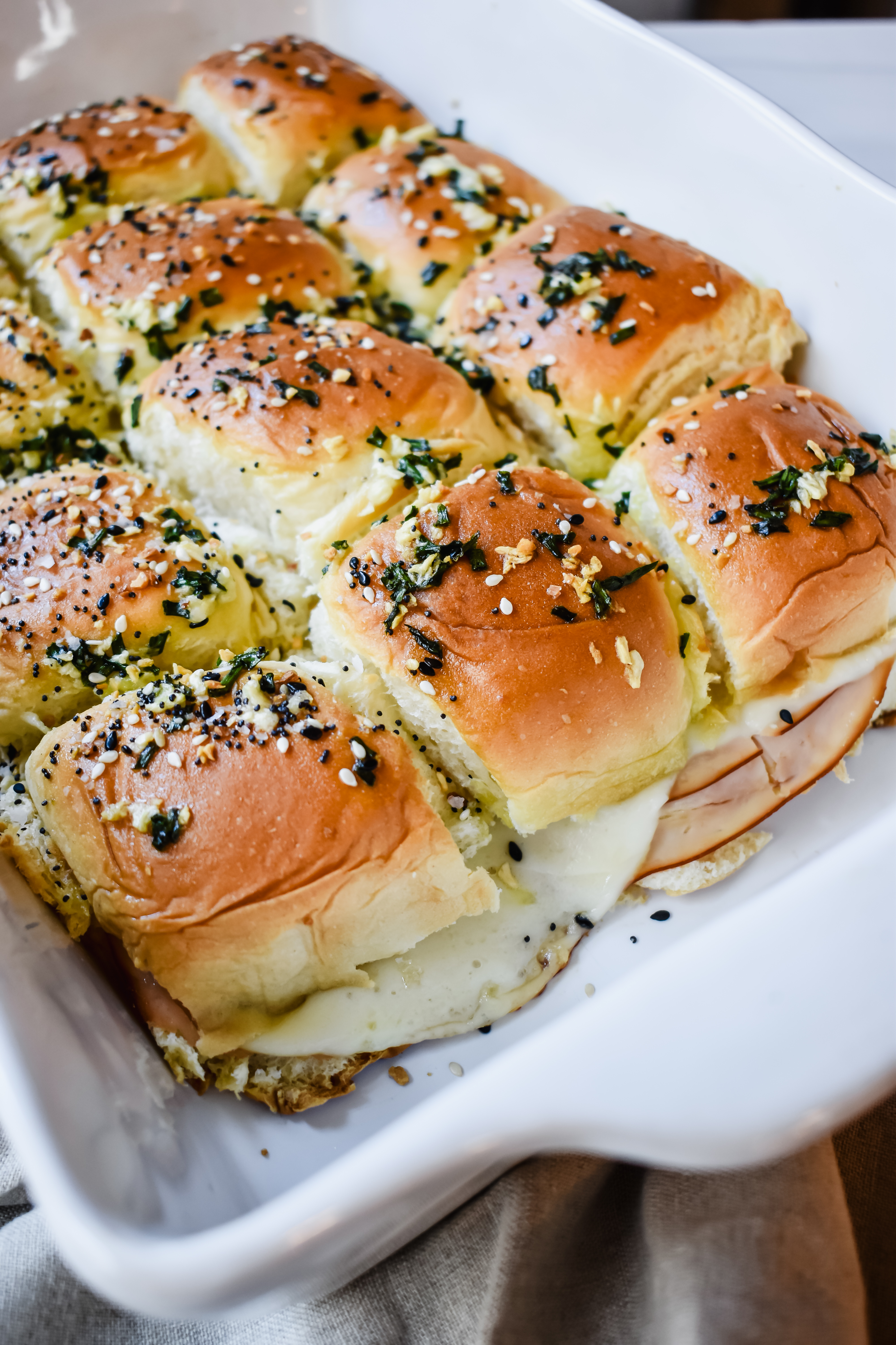 This is a side view of my Hawaiian Roll Turkey sliders in a casserole dish after they came out of the oven. 