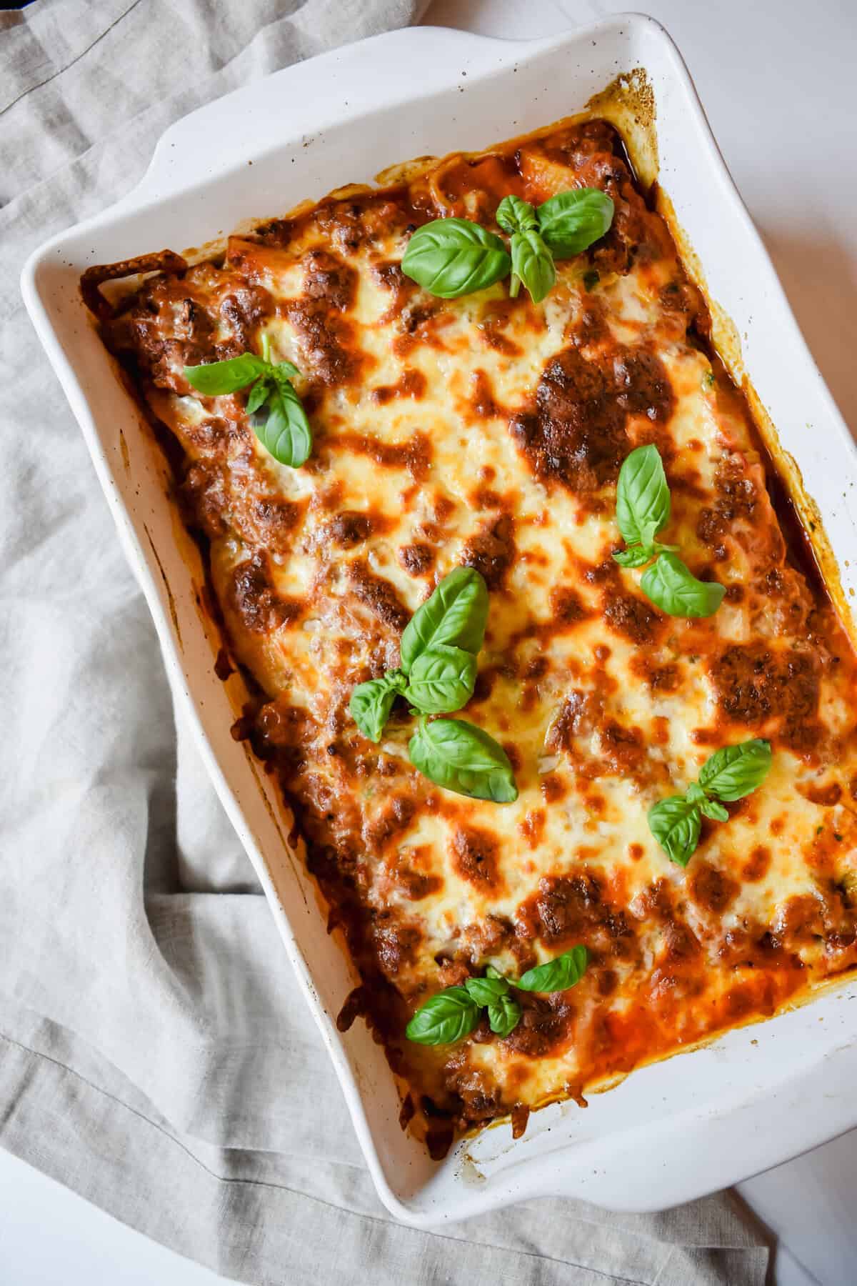 This is a top view close up after my lasagna stuffed shells came out of the oven in the ceramic casserole dish. 
