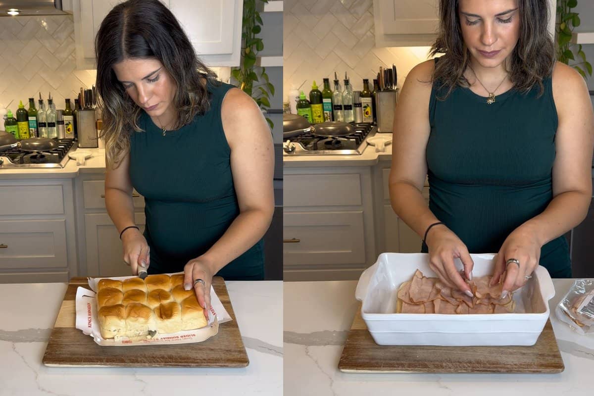 this shows me slicing my hawaiian rolls horizontally through the center and then adding turkey slices on top. 