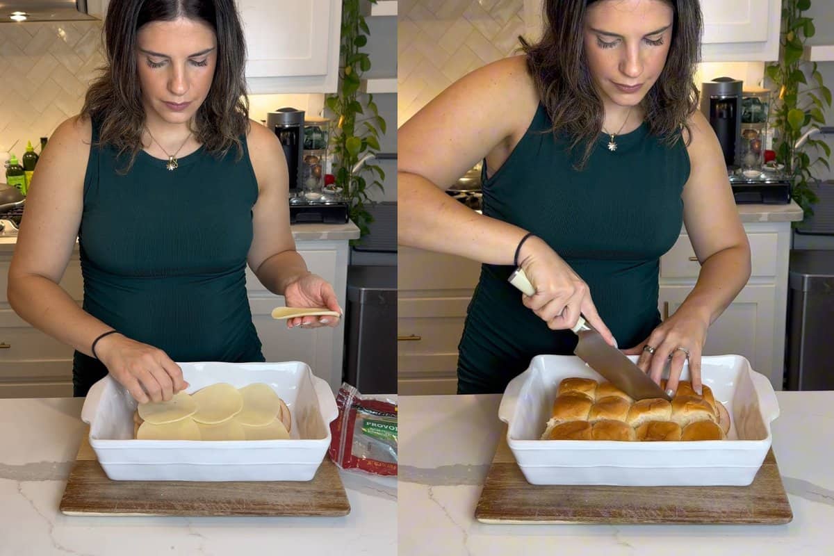 this shows me adding the provolone cheese on top of the buns, followed by the top of the rolls and then slicing along the seams. 