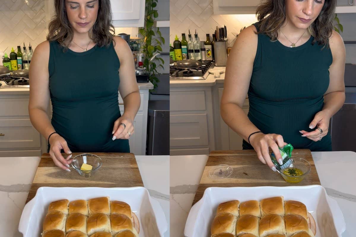 this shows me adding butter to a small microwaveable bowl and then adding in the chives and garlic to the melted butter. 