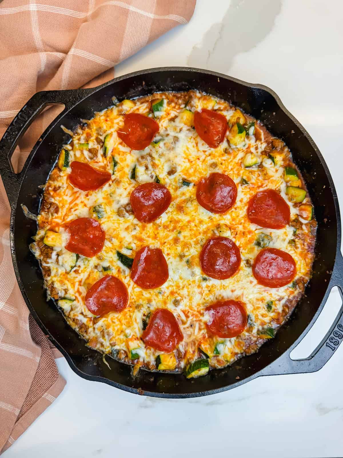 this is a top view of my low carb pizza skillet in the lodge cast iron skillet.