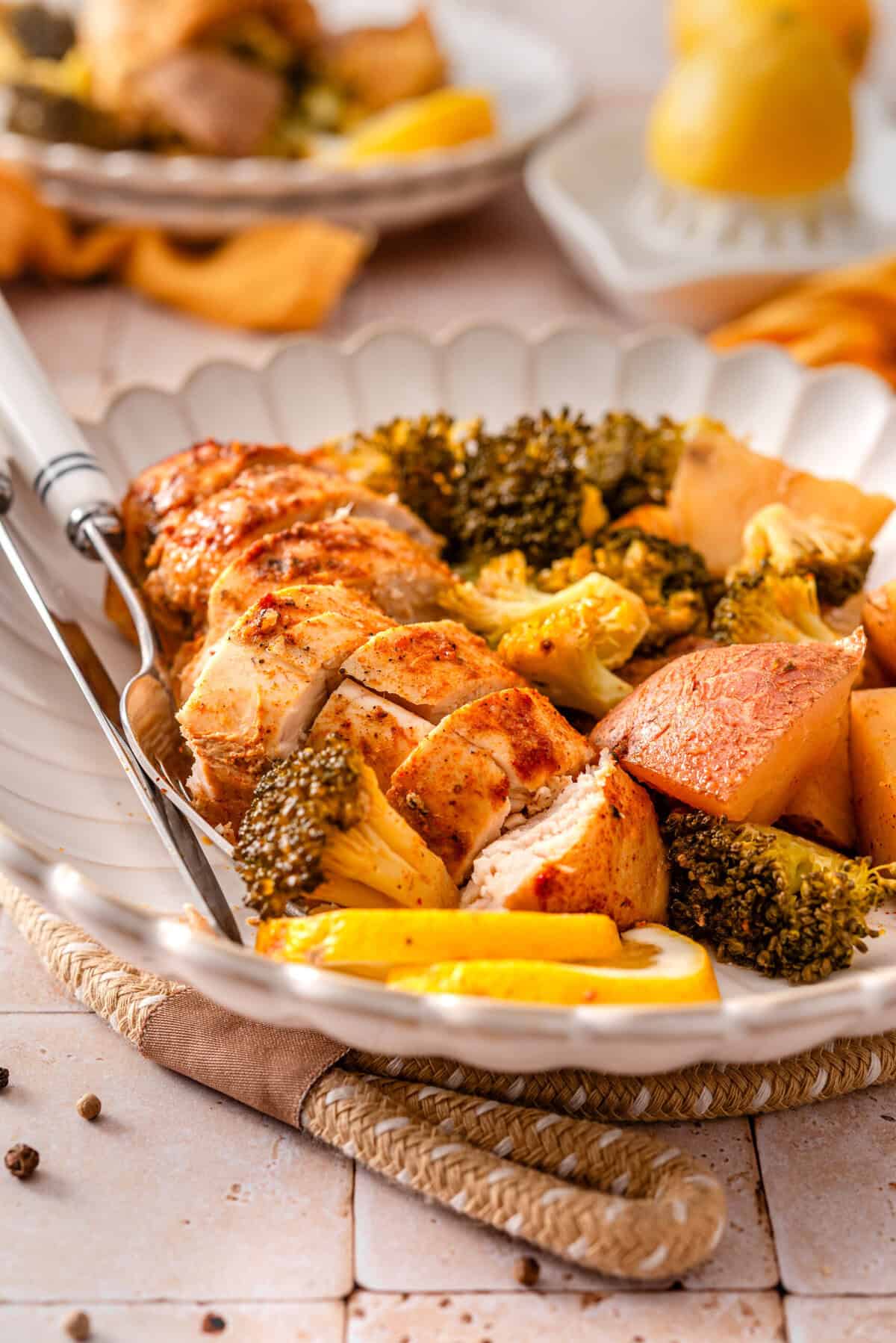 this is a side view close up of my crockpot lemon chicken and veggies in a bowl