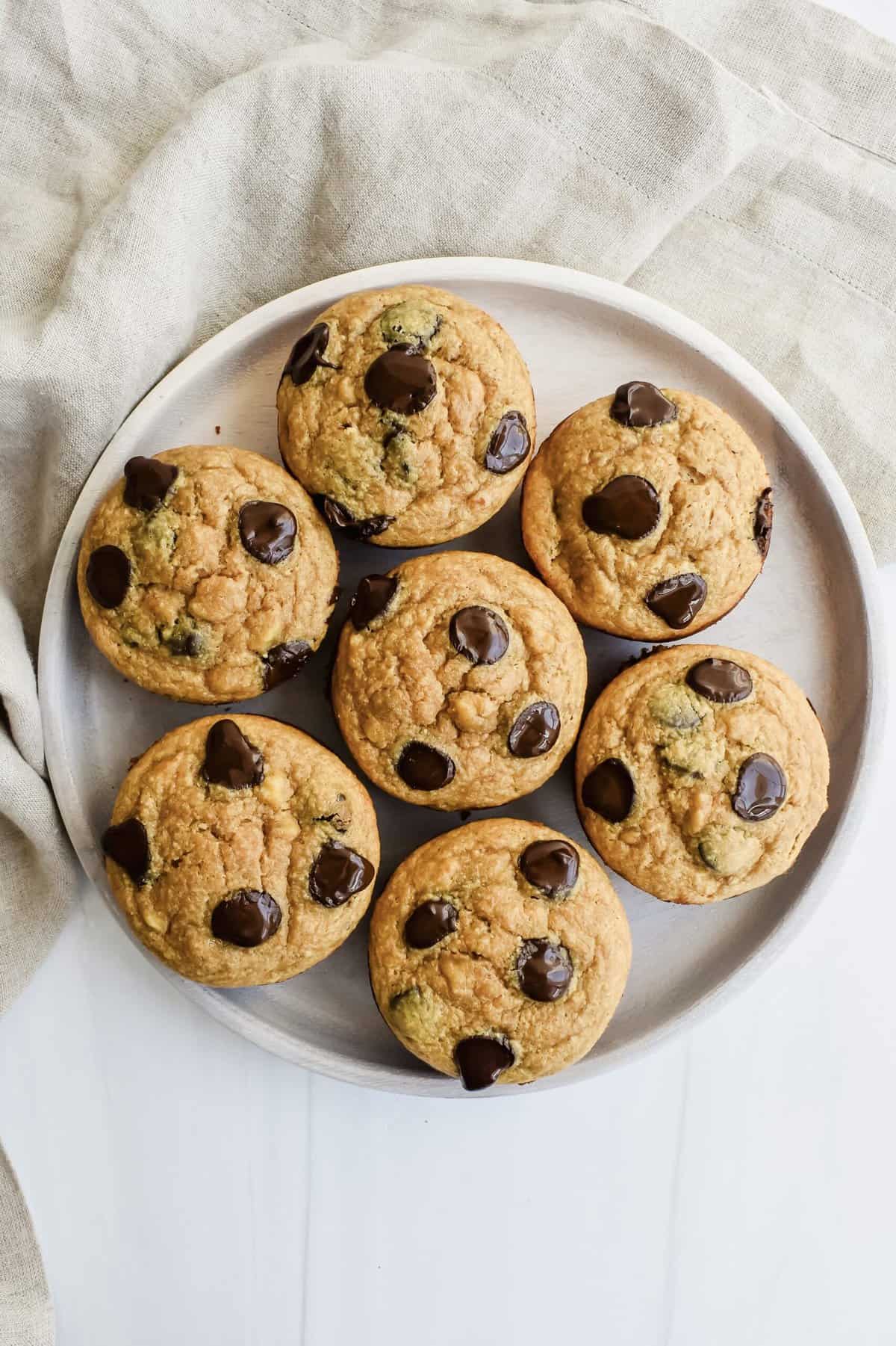 This is an overhead view of my banana chocolate chip oatmeal muffins in a plate. 