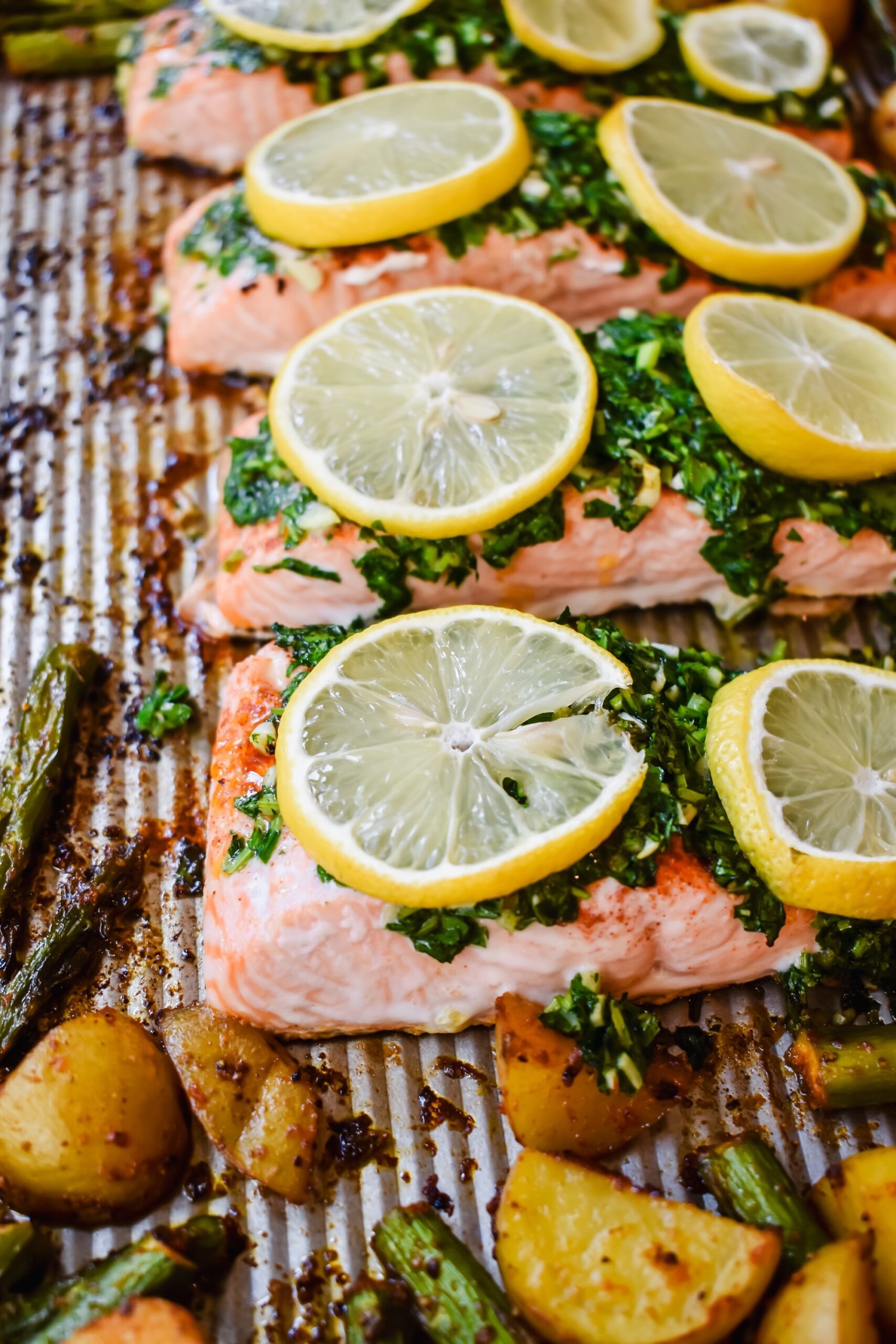 this is a side view of my herby salmon on the sheet pan. 