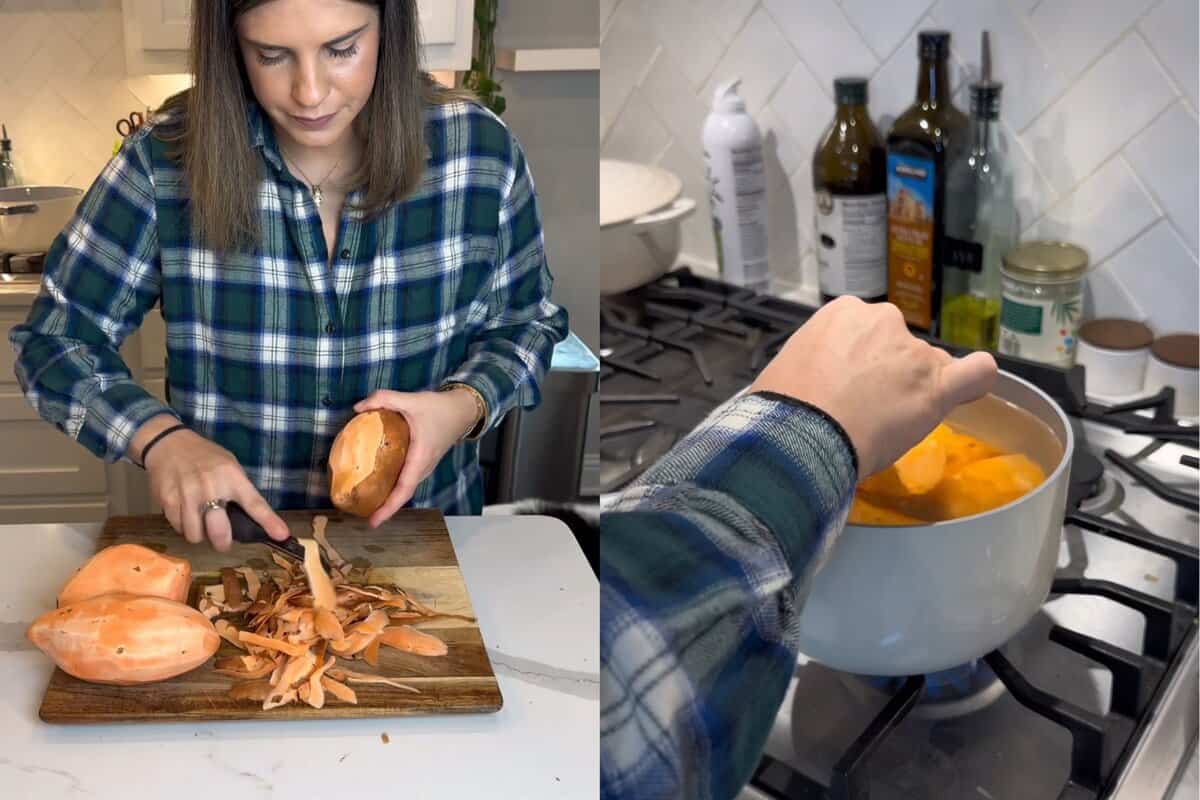 this shows me peeling my potatoes and boiling them 