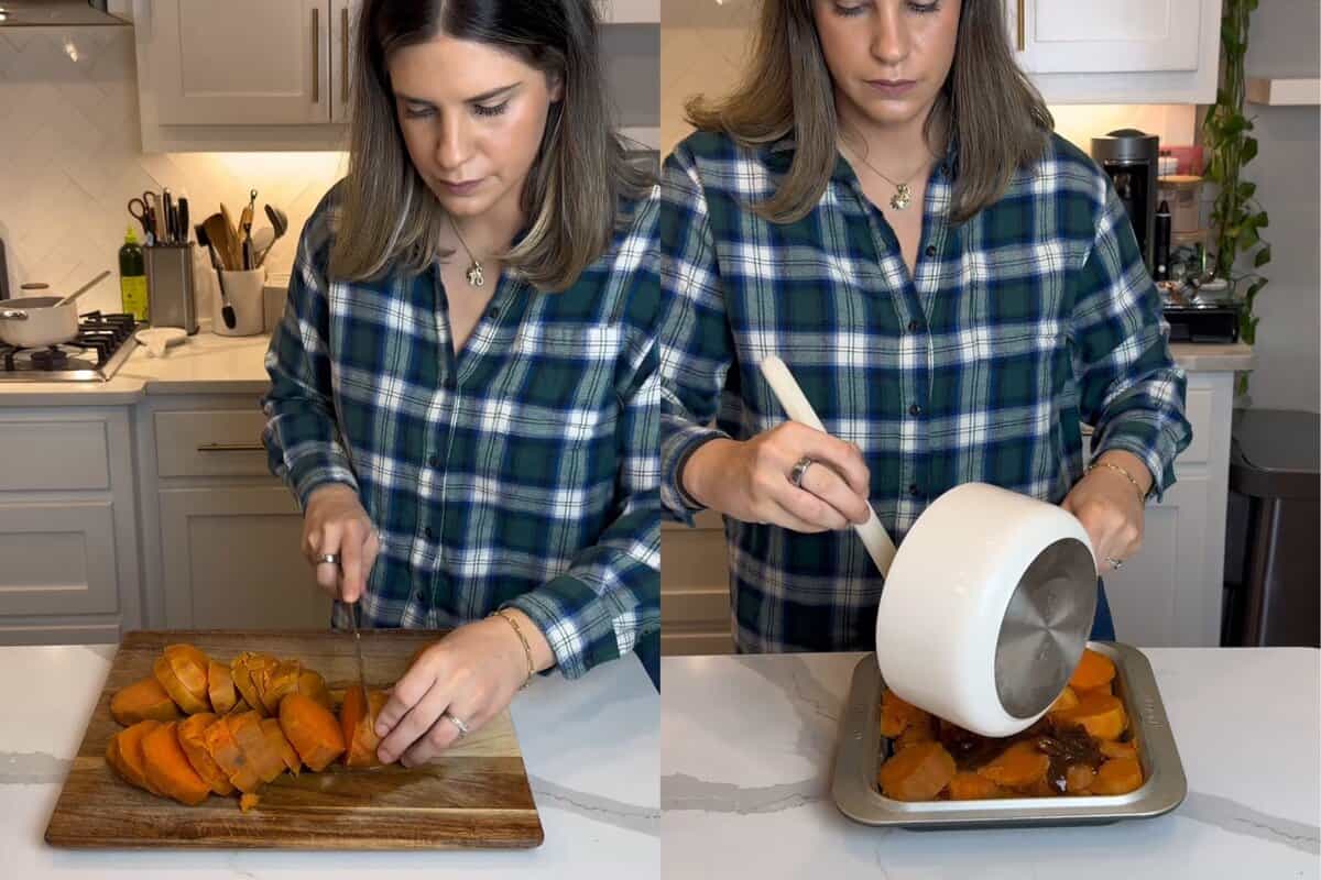 this shows me slicing the sweet potatoes, adding them to 8x8 pan and then pouring the simple syrup over. 