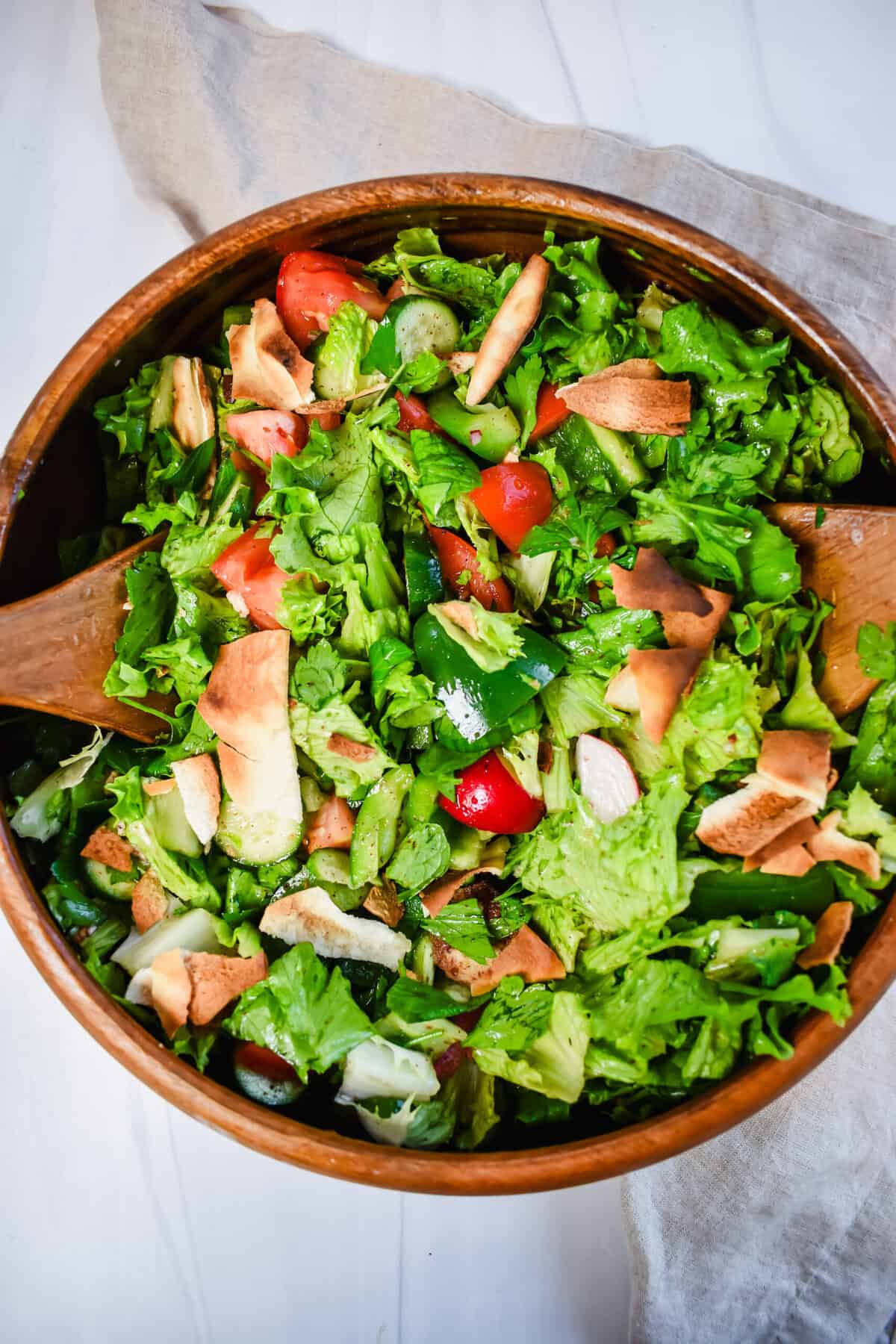 This is a top view of my fattoush salad in the salad bowl after it has been mixed. 