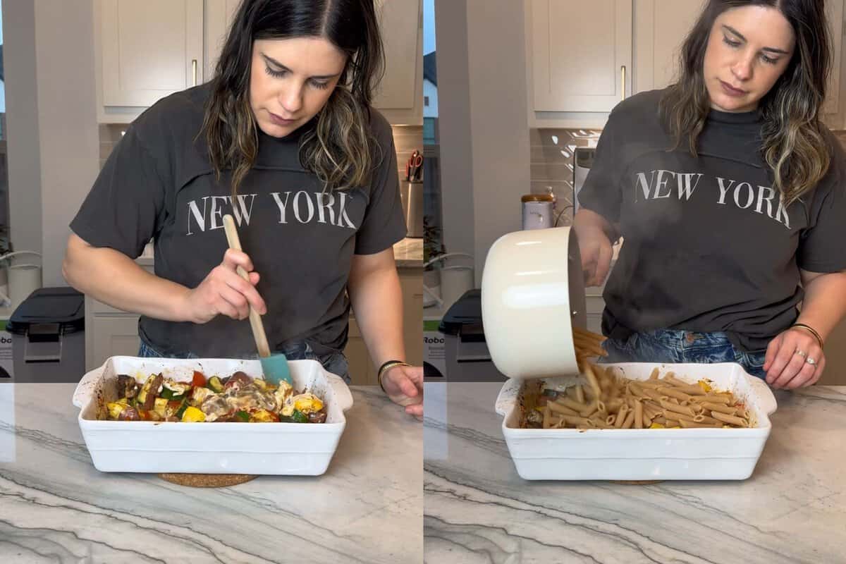 this shows me mixing the boursin and vegetable mixture together and topping it with the cooked wheat pasta. 
