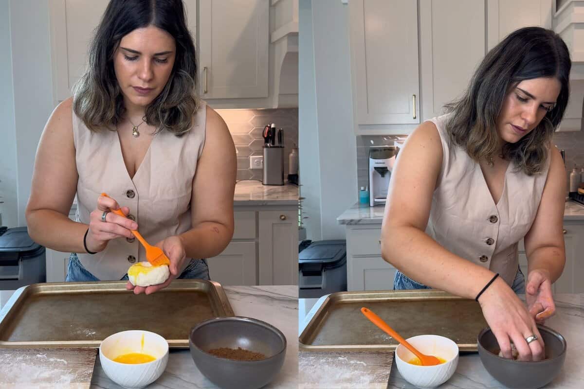 this shows me adding egg wash to the top of the cinnamon bagels and then dipping them into the brown sugar and cinnamon mixture.