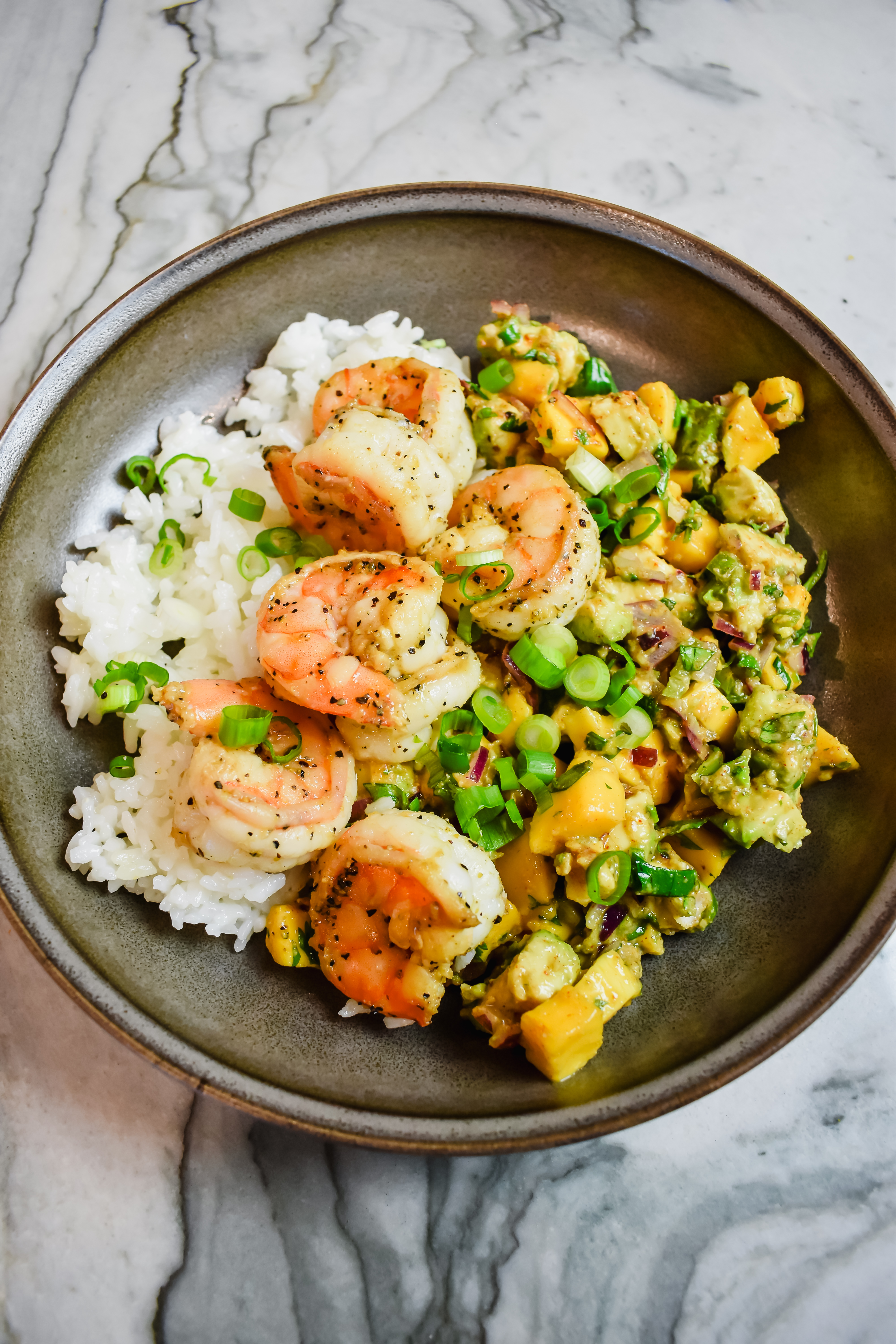 this is a side view close up of my shrimp rice bowls. 