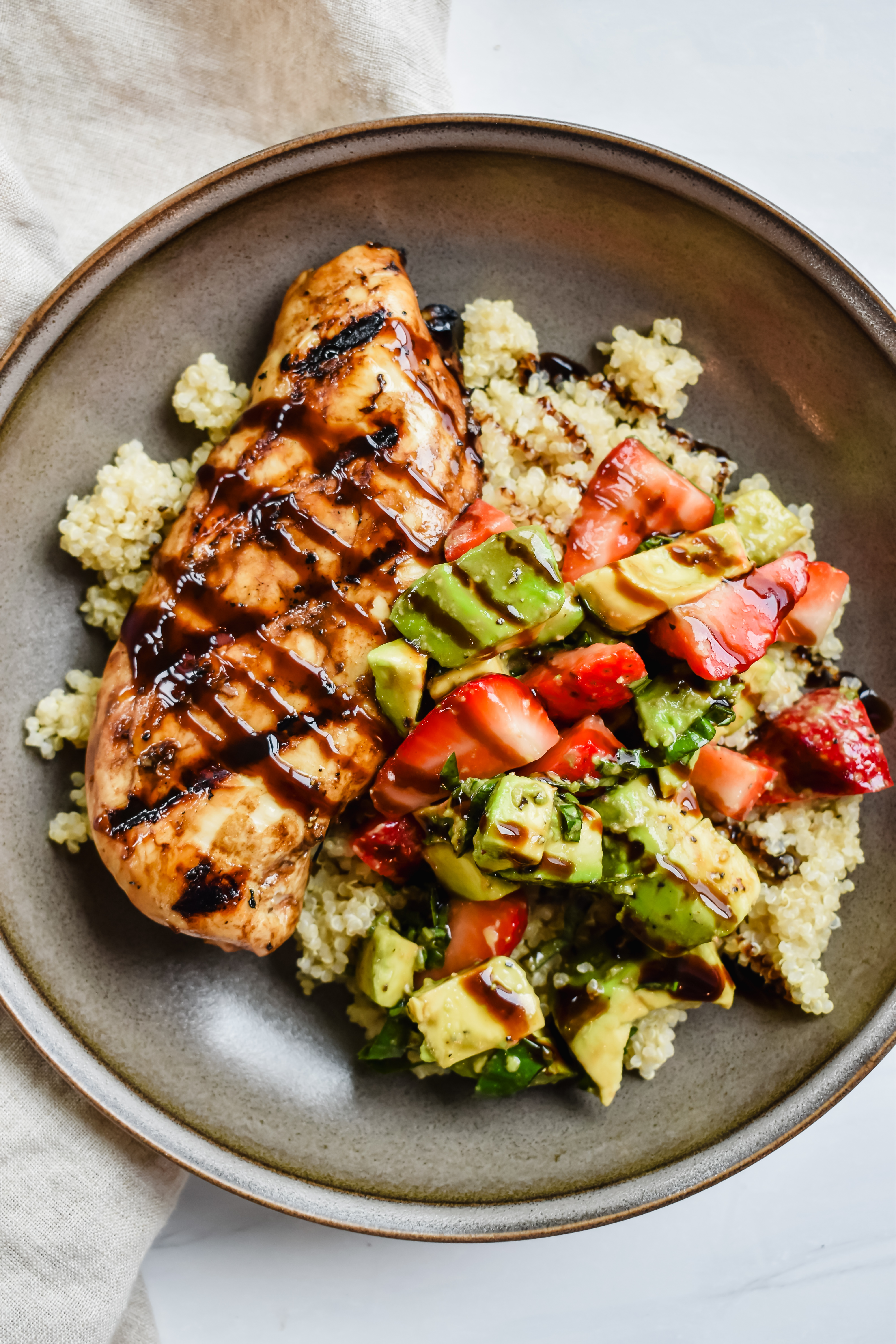 this is a top view of my grilled chicken with strawberry and avocado salsa. 