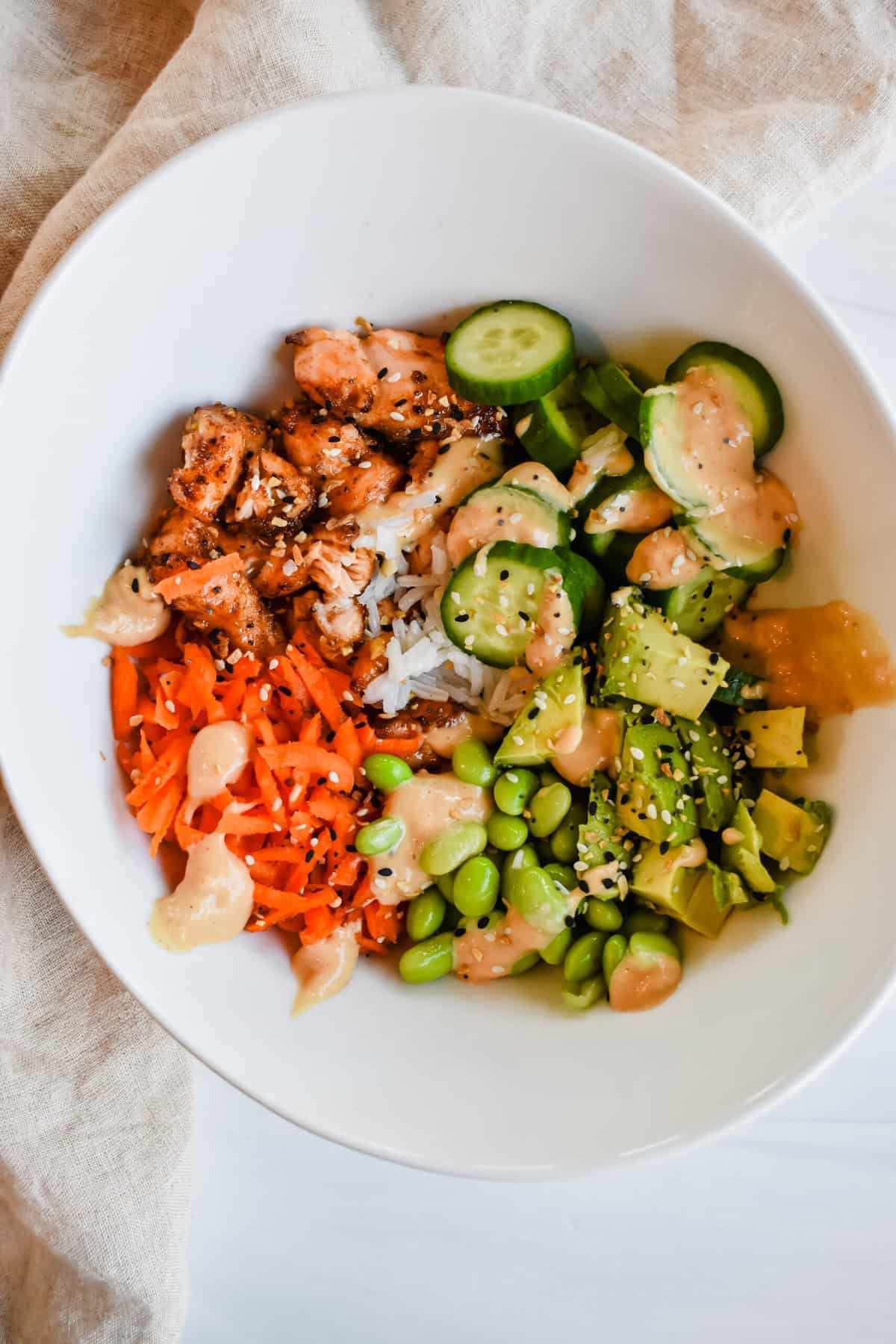 this is a top view of my easy and healthy air fryer salmon bites bowl 