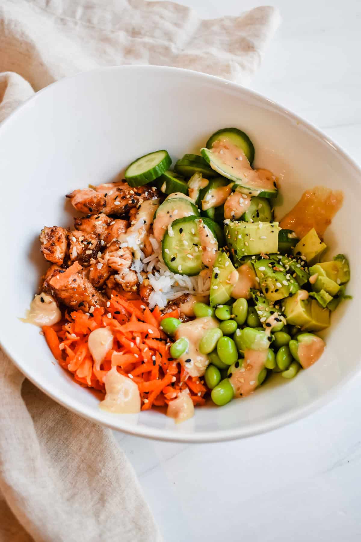 this is a side view close up of my air fryer salmon bites bowl 