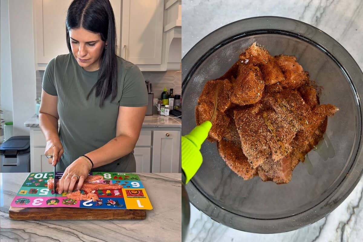 this shows me dicing the salmon and then adding seasonings in a bowl 