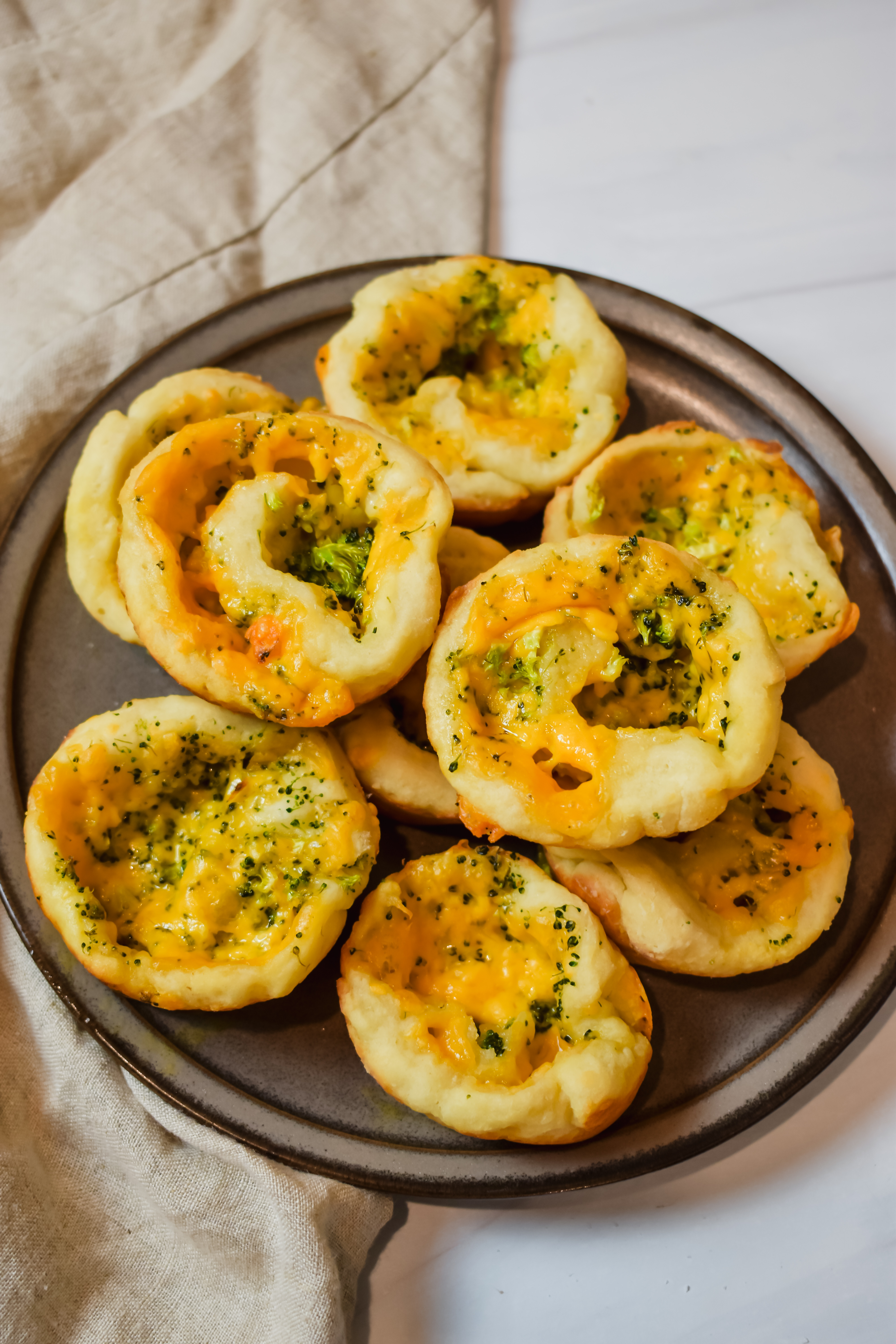 this is an overhead view of my broccoli cheese pinwheels