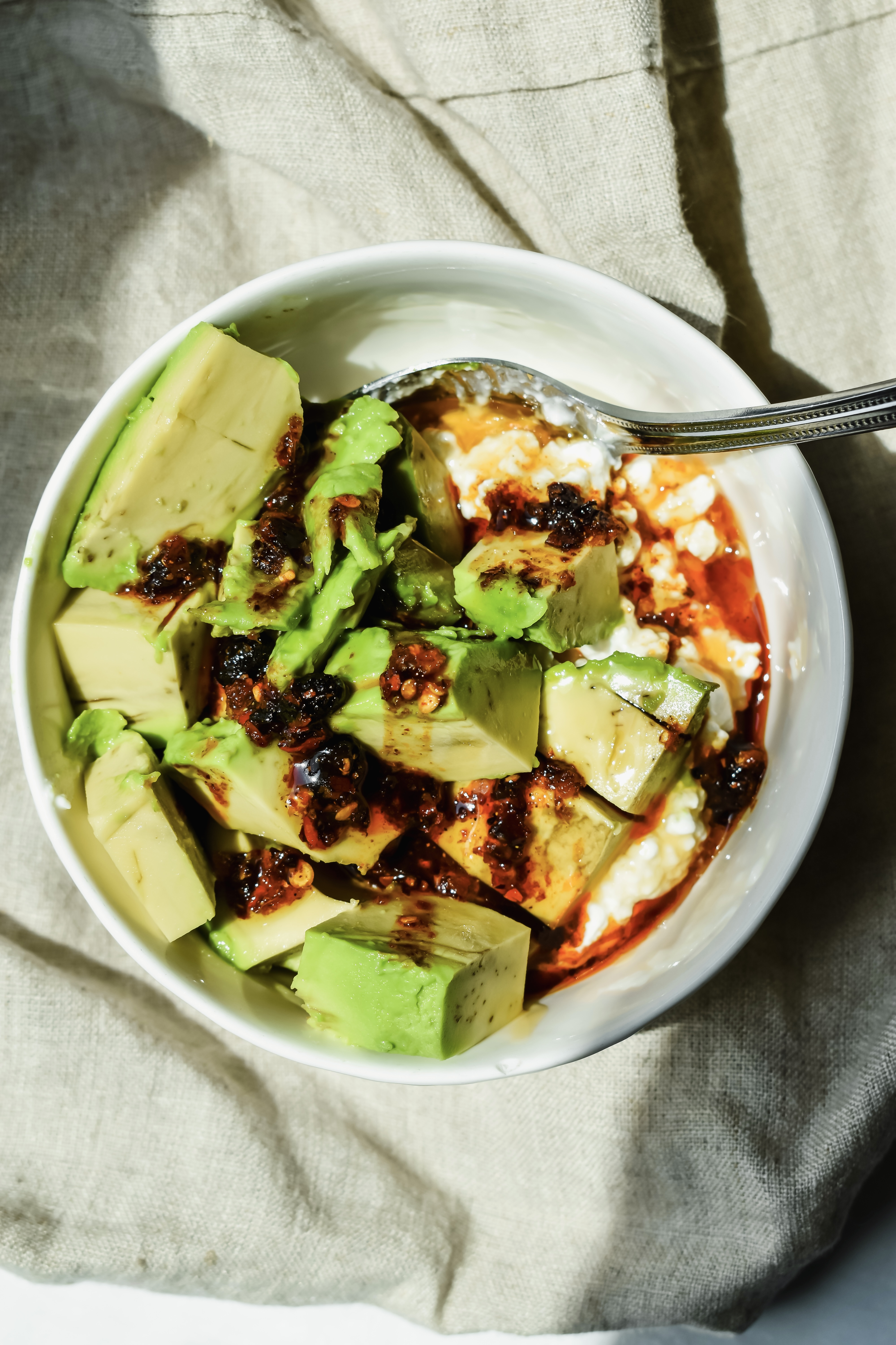 this is a top view of the cottage cheese and avocado bowl 