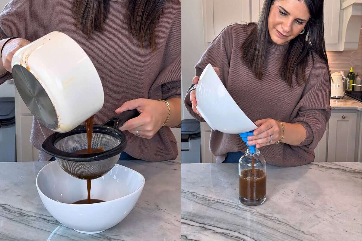 this shows me straining the syrup and then using a funnel to pour into a syrup container.