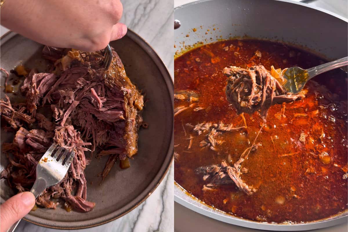this shows me shredding the meat and adding it back into the slow cooker. 