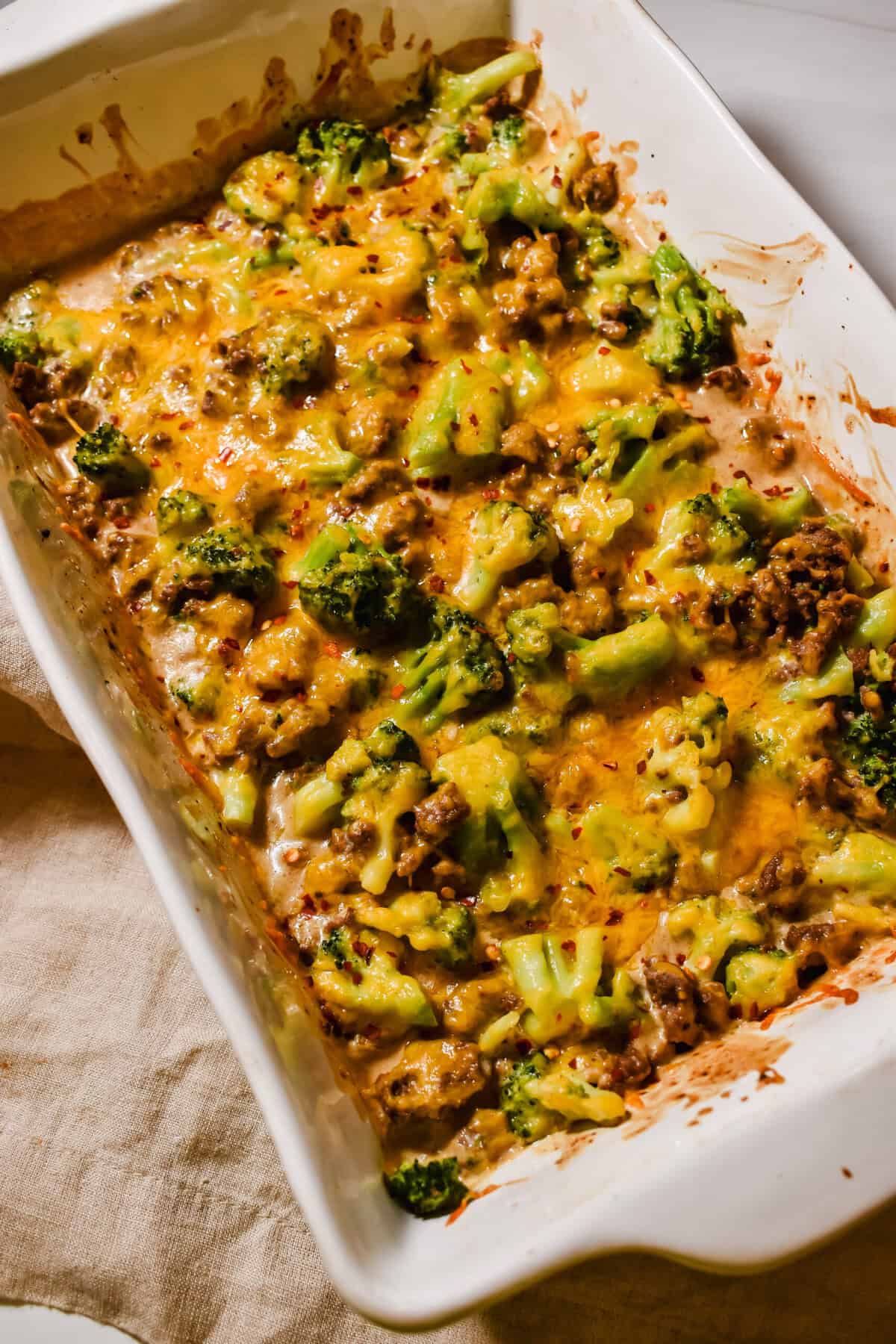 this is a close up top view of my Creamy Ground Beef and Broccoli Casserole